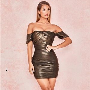 HOUSE OF CB Metallic Bronze Dress, off the shoulder, XS, Worn Once/Dry Cleaned
